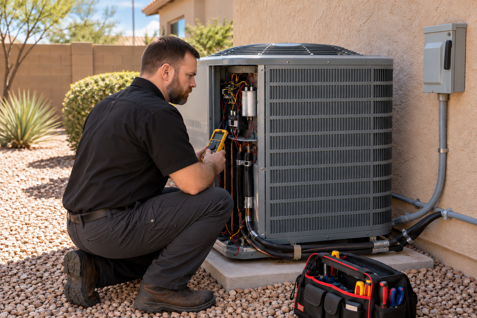 HVAC technician servicing outdoor condenser unit